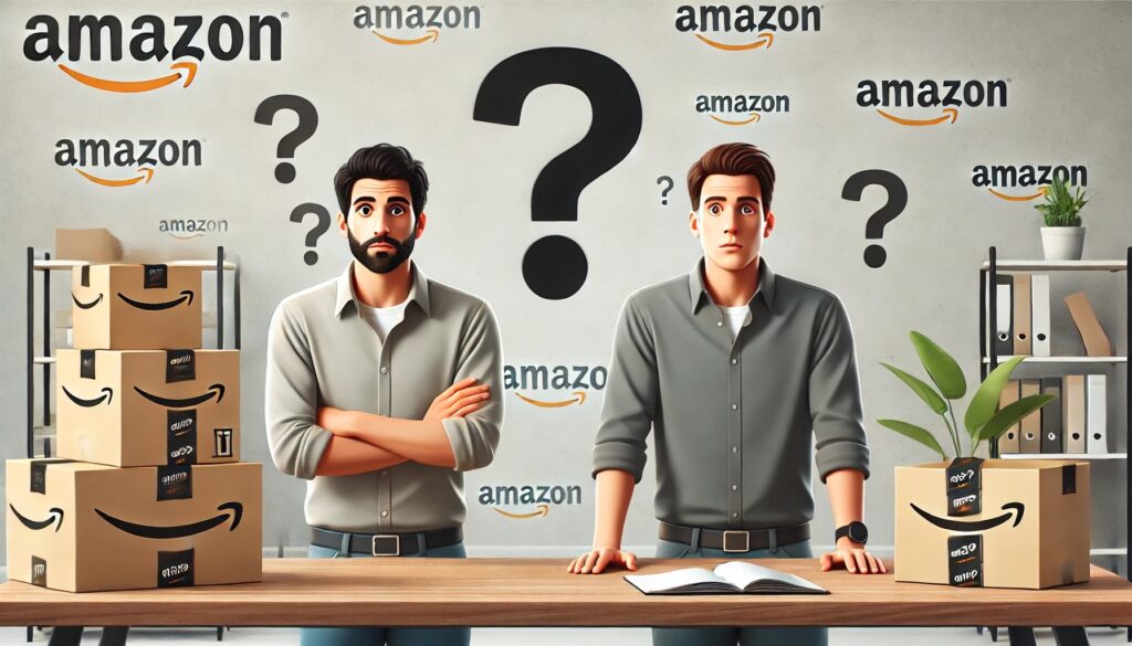  two Amazon sellers in a modern office setting, with question marks floating above their heads