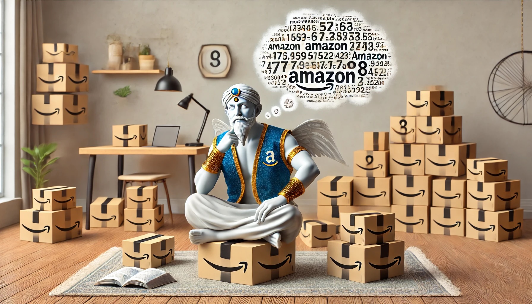 an AI genie wearing an amazon vest that's sitting on a pile of amazon boxes imagining a series of numbers in a thought bubble above his head