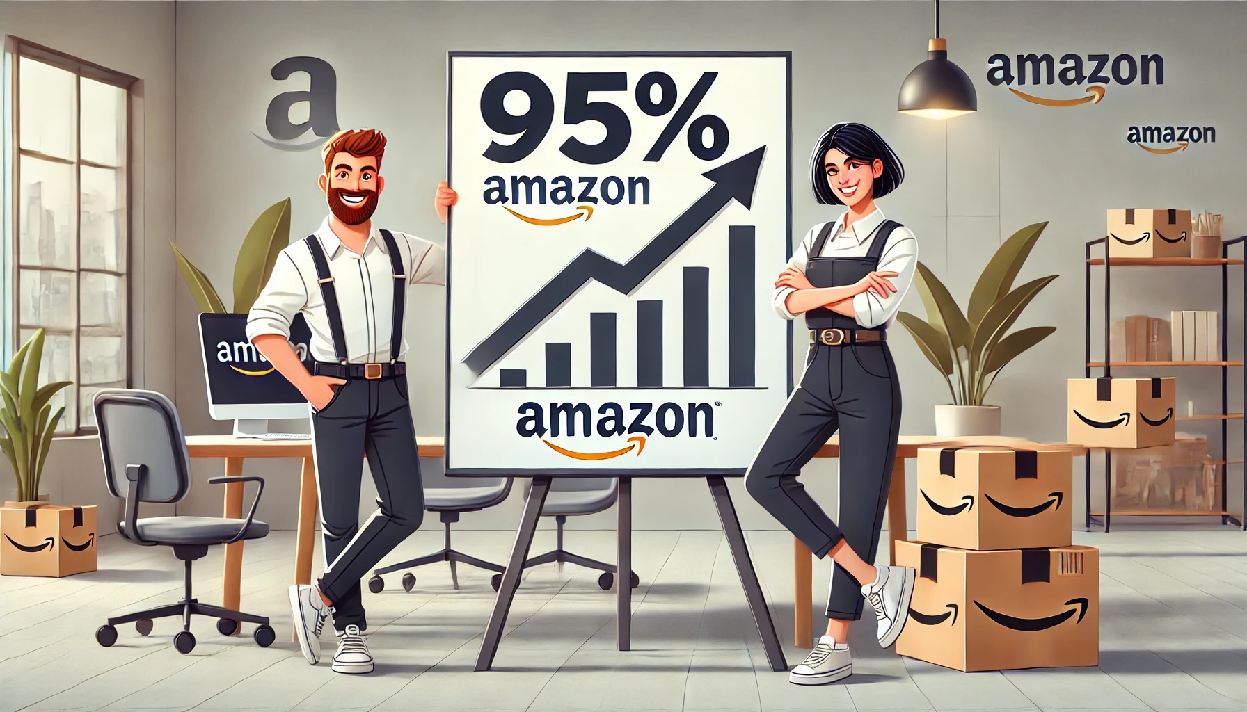 two Amazon sellers holding a chart with a noticeable upward trend, celebrating their success in a modern office setting