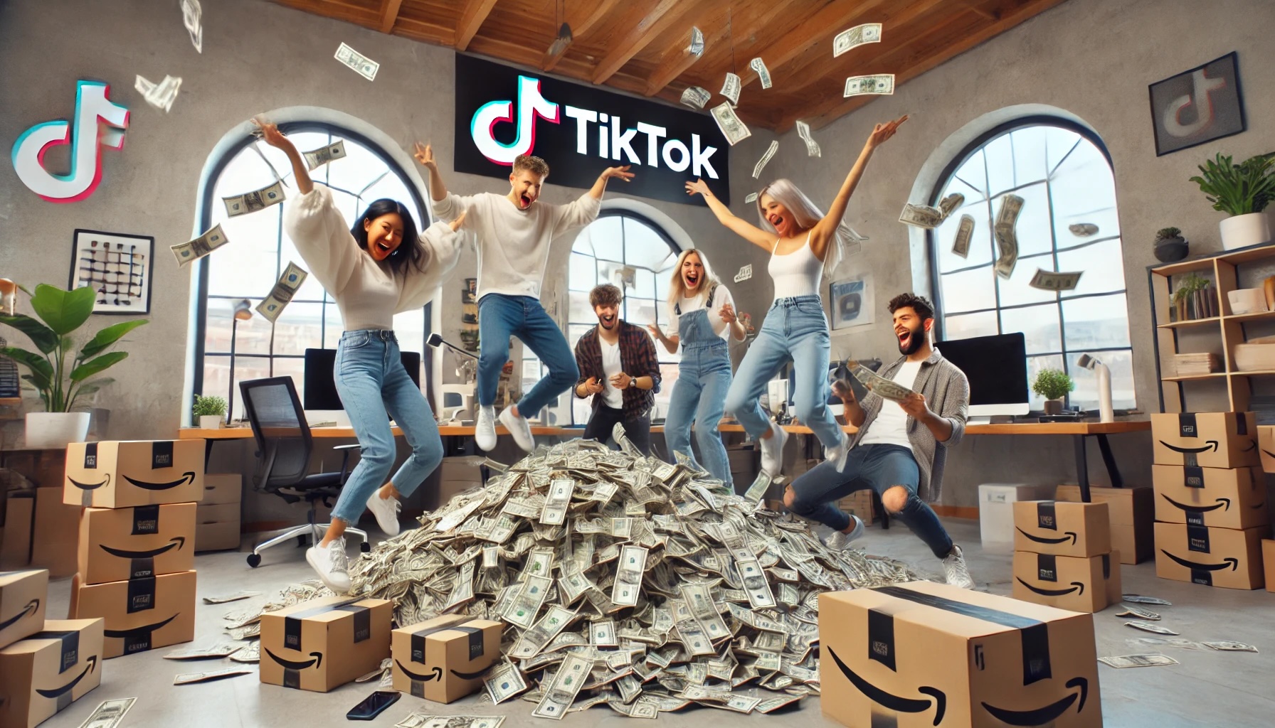 A group of young tiktok advertisers playing in a huge pile of money