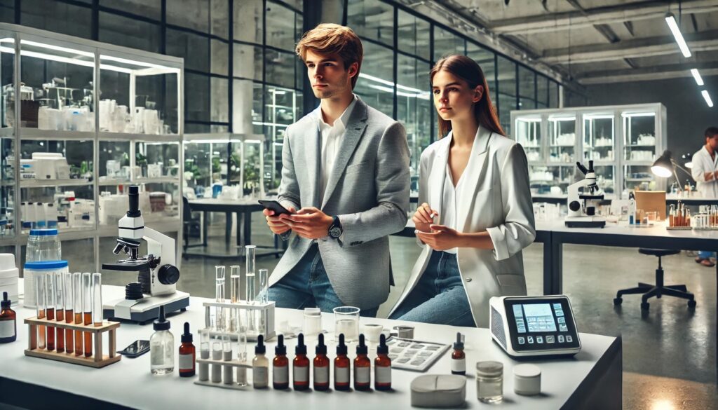 Two young entrepreneurs in a clean white lab that's meant to signify product testing 