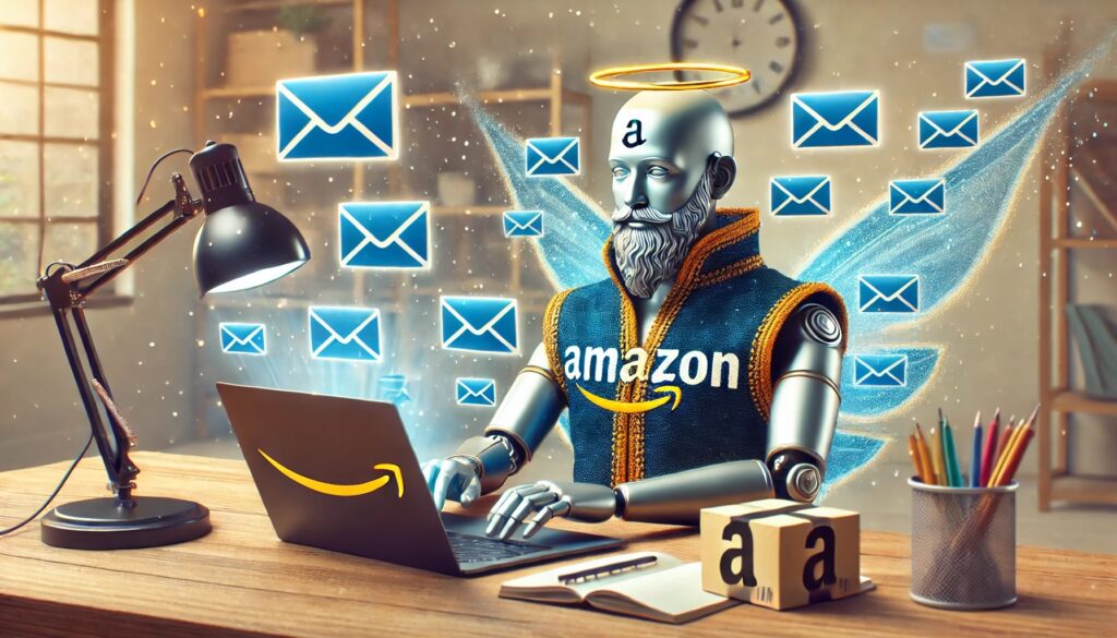 A genie wearing an amazon vest sitting at a desk typing out emails on a laptop with the amazon logo 