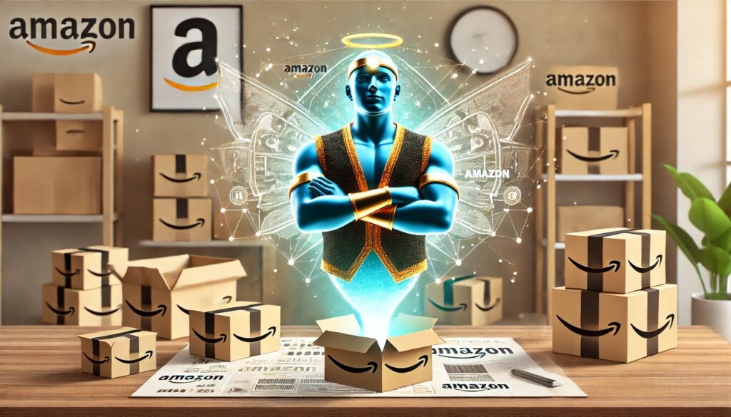 A genie wearing an amazon vest appearing out of an amazon box signifying the imaginative power of AI 