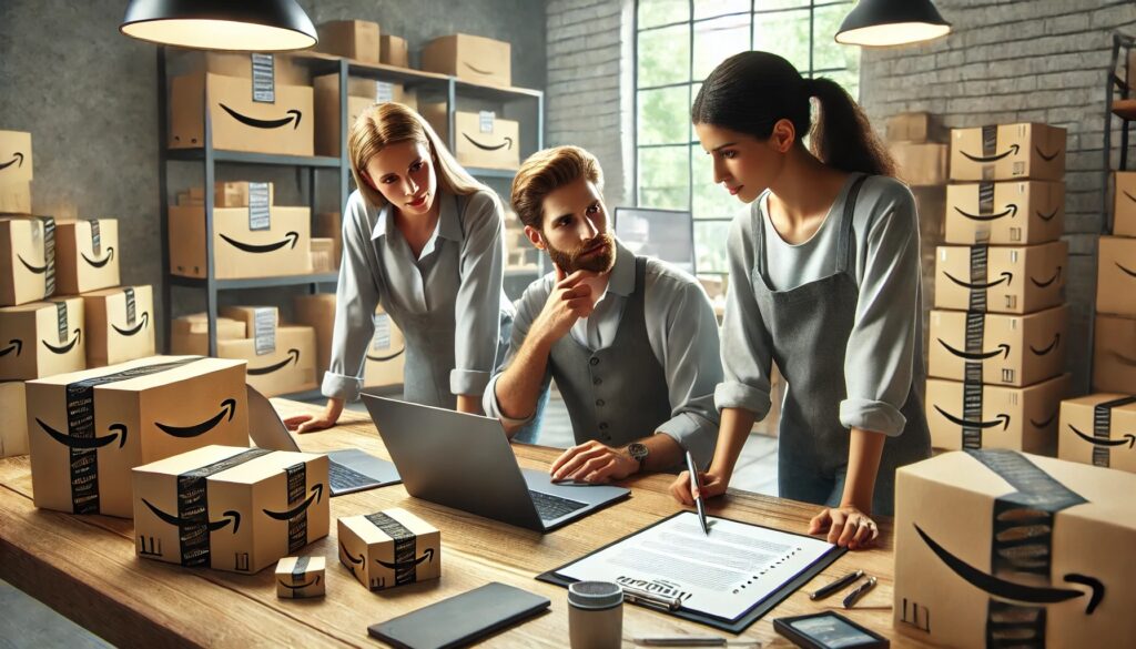 A realistic image of three Amazon sellers looking at a checklist together