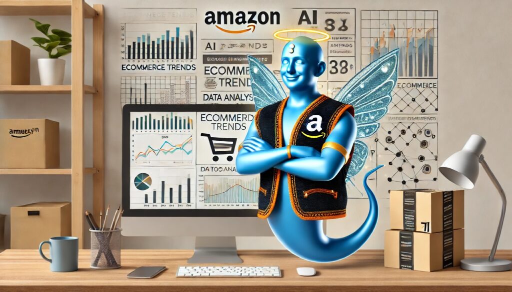 A genie wearing an amazon vest appearing above a table with a whiteboard behind covered with amazon graphs and data points 