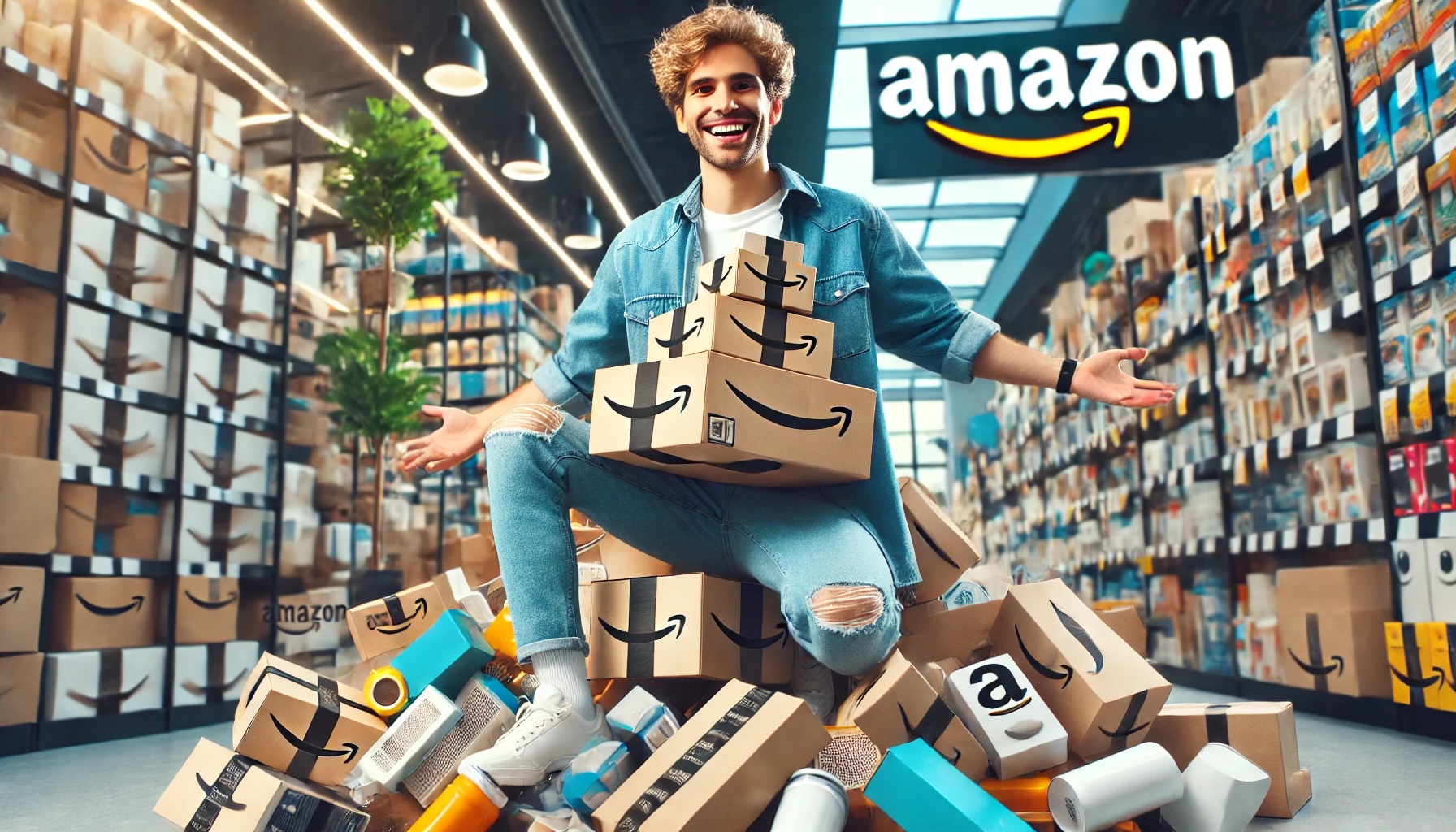 A young Amazon seller sitting on a huge pile of amazon branded product boxes signifying multiple product variations
