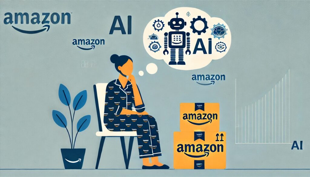 an Amazon seller sitting in a chair, imagining the use of AI, with a thought bubble above their head showing symbols of artificial intelligence.