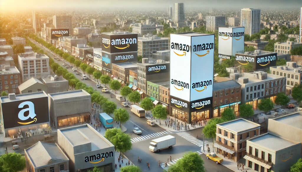 A landscape mode image of a town with a series of large amazon billboards 