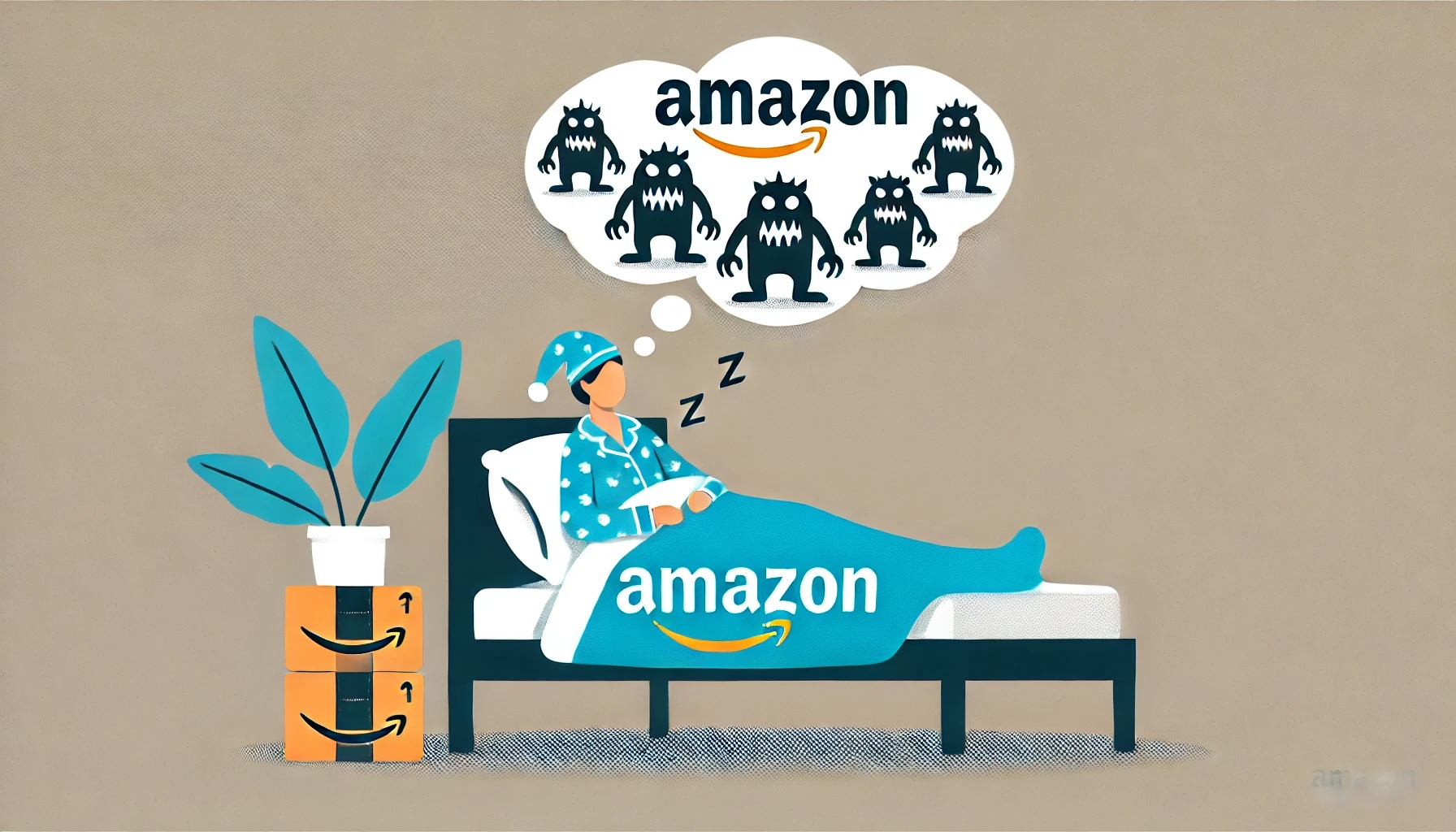 An amazon seller in amazon branded pajamas having a nightmare signified by a thought bubble above the bed with monsters in it