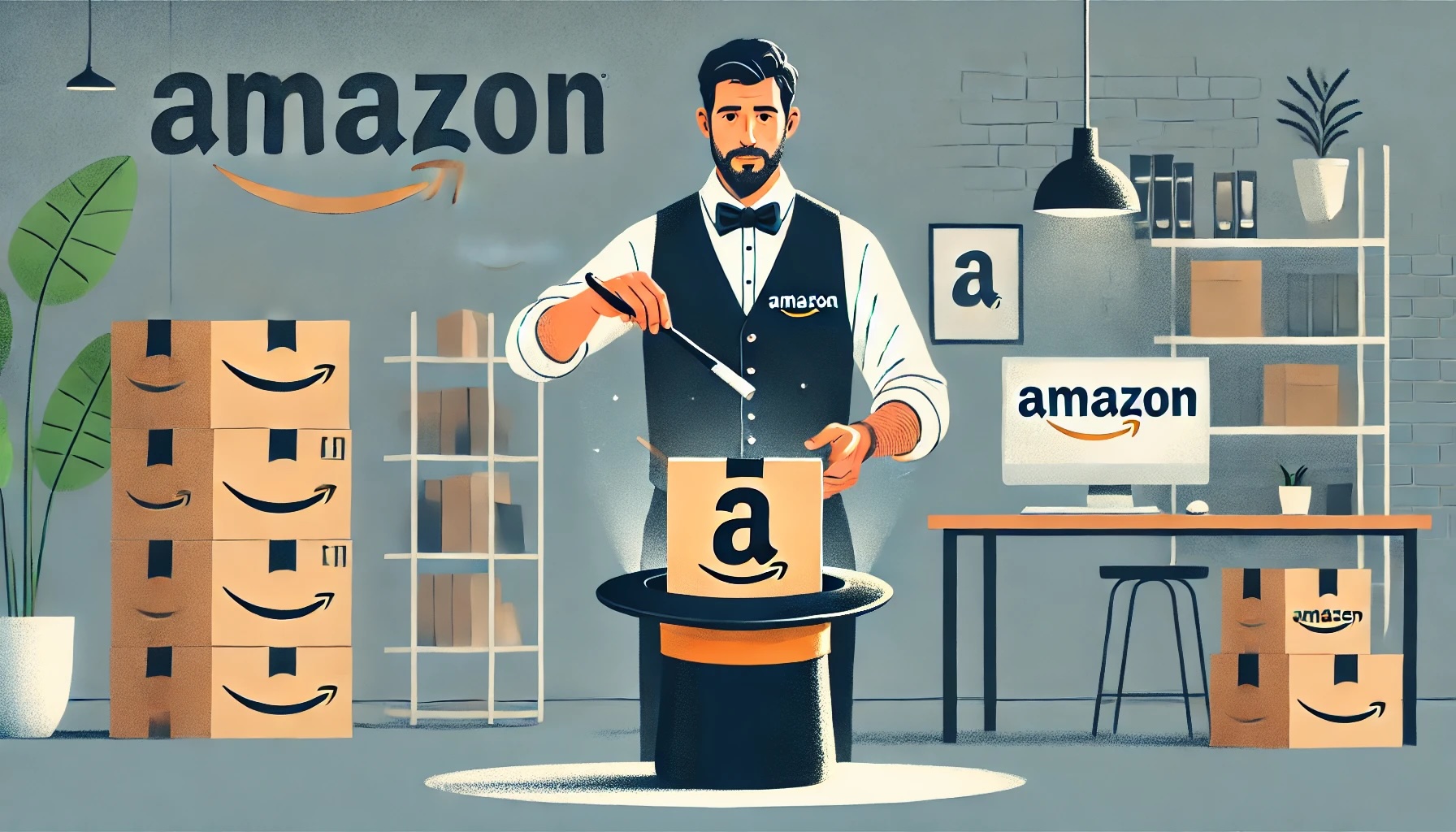 a magician in an Amazon vest pulling an Amazon package out of a hat