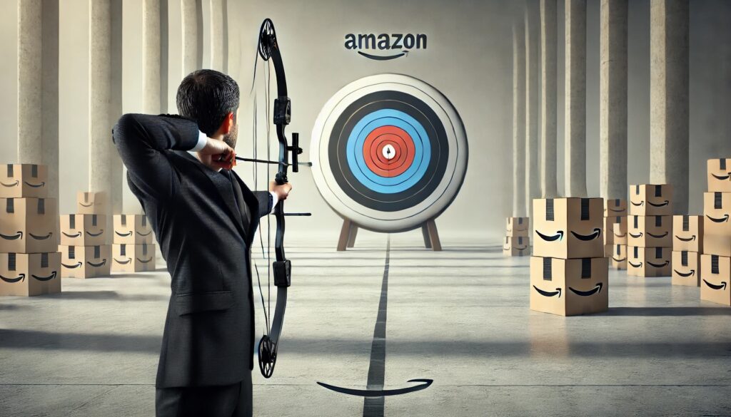 An Amazon seller shooting an arrow with a bow, viewed from behind, with a distance of at least 20 feet to the target