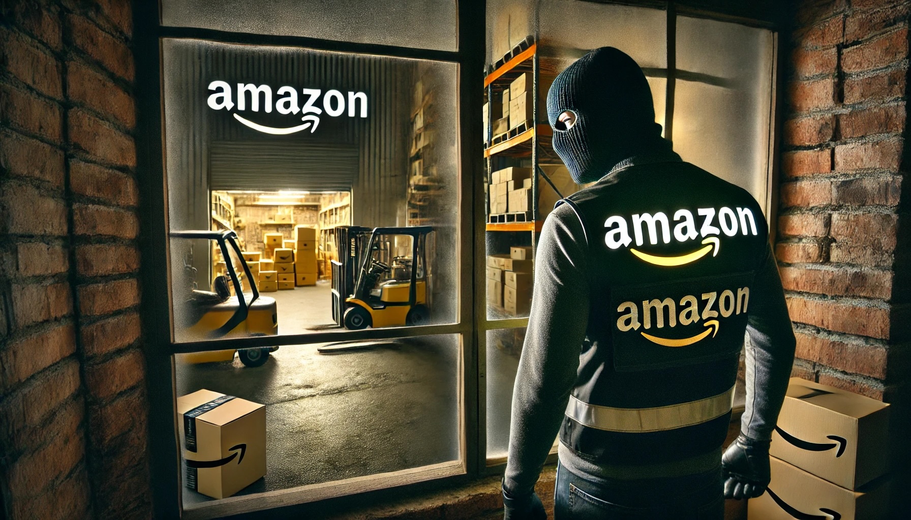 a burgler with an amazon vest and a mask looking into the back of an amazon business