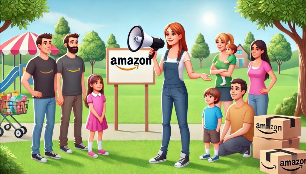 an Amazon seller speaking through a bullhorn to a group of parents with kids in a park setting