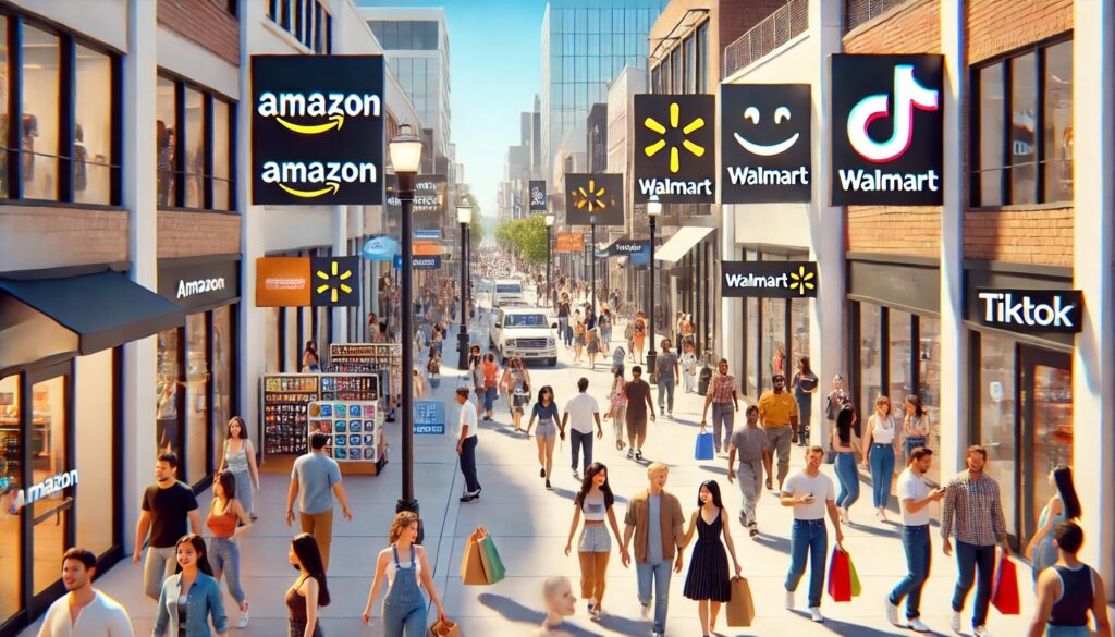 a lively street scene filled with shoppers, lined with stores featuring Amazon, Walmart, and TikTok logos