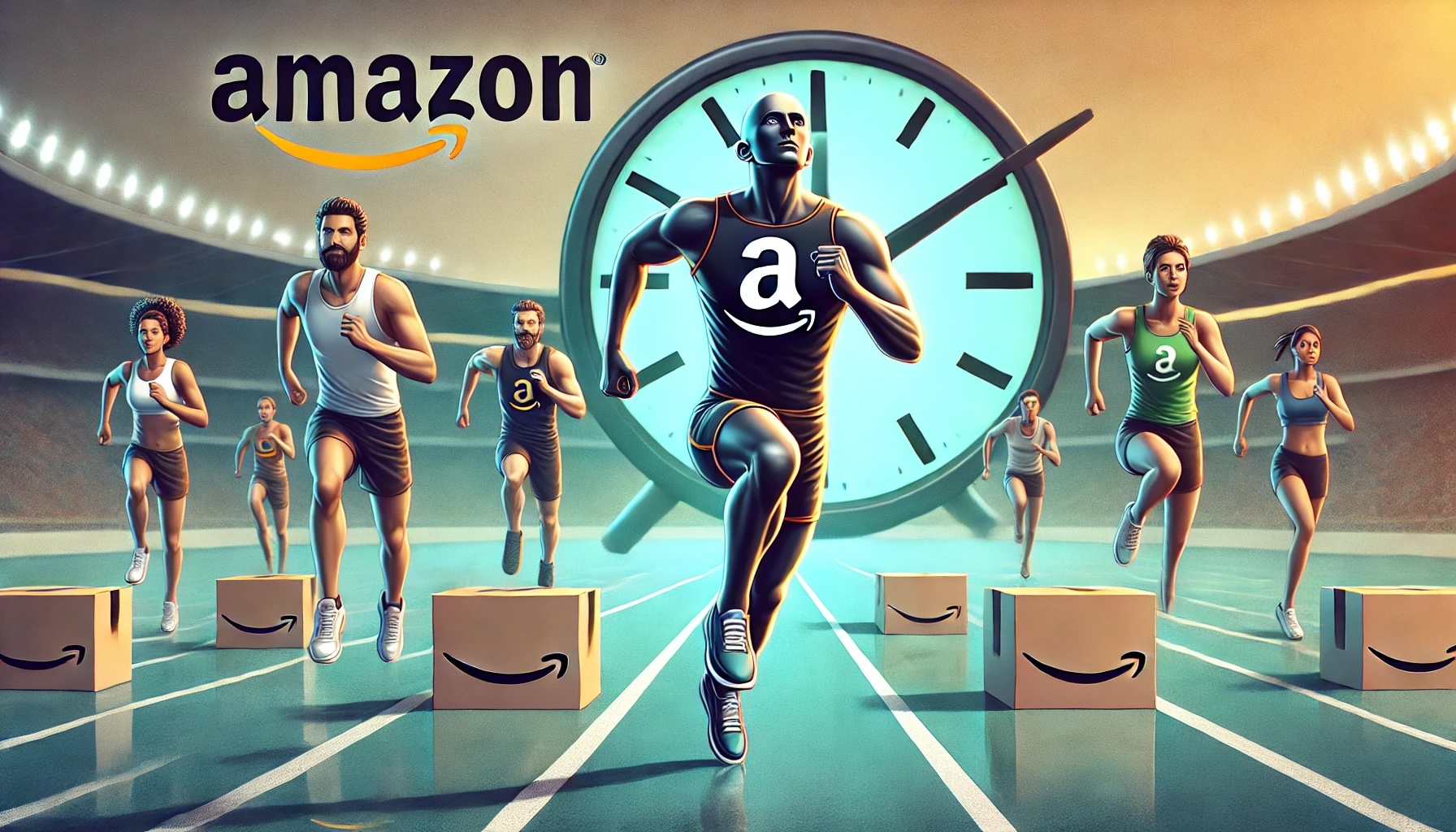 an Amazon seller finishing ahead of other sellers in a running race with a clock ticking in the background