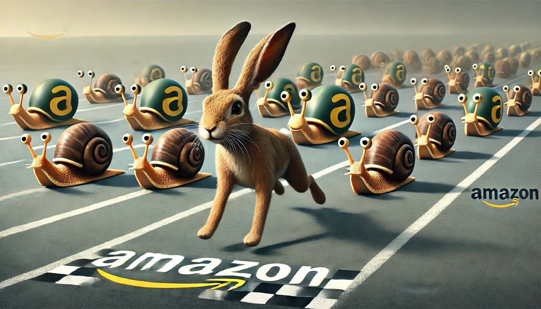 Amazon sellers represented by snails on a starting line, with one jackrabbit racing ahead of the snails.