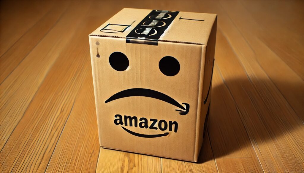 A classic Amazon box with a frown on the side made from a downturned Amazon logo