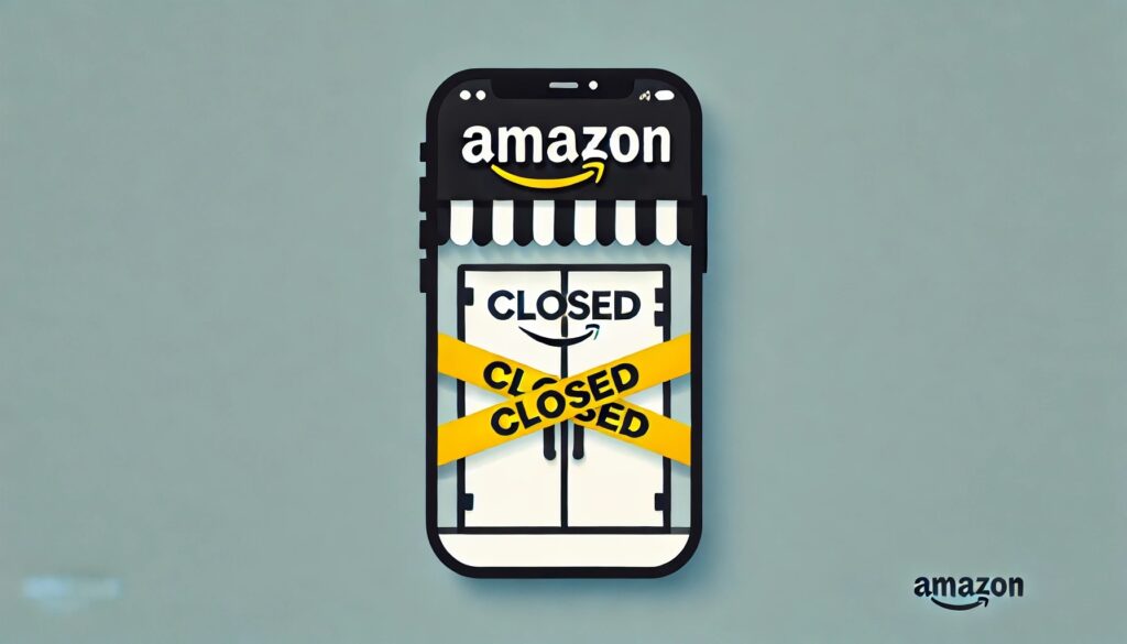 an amazon store on a mobile phone with a closed sign and yellow tape in front of it 