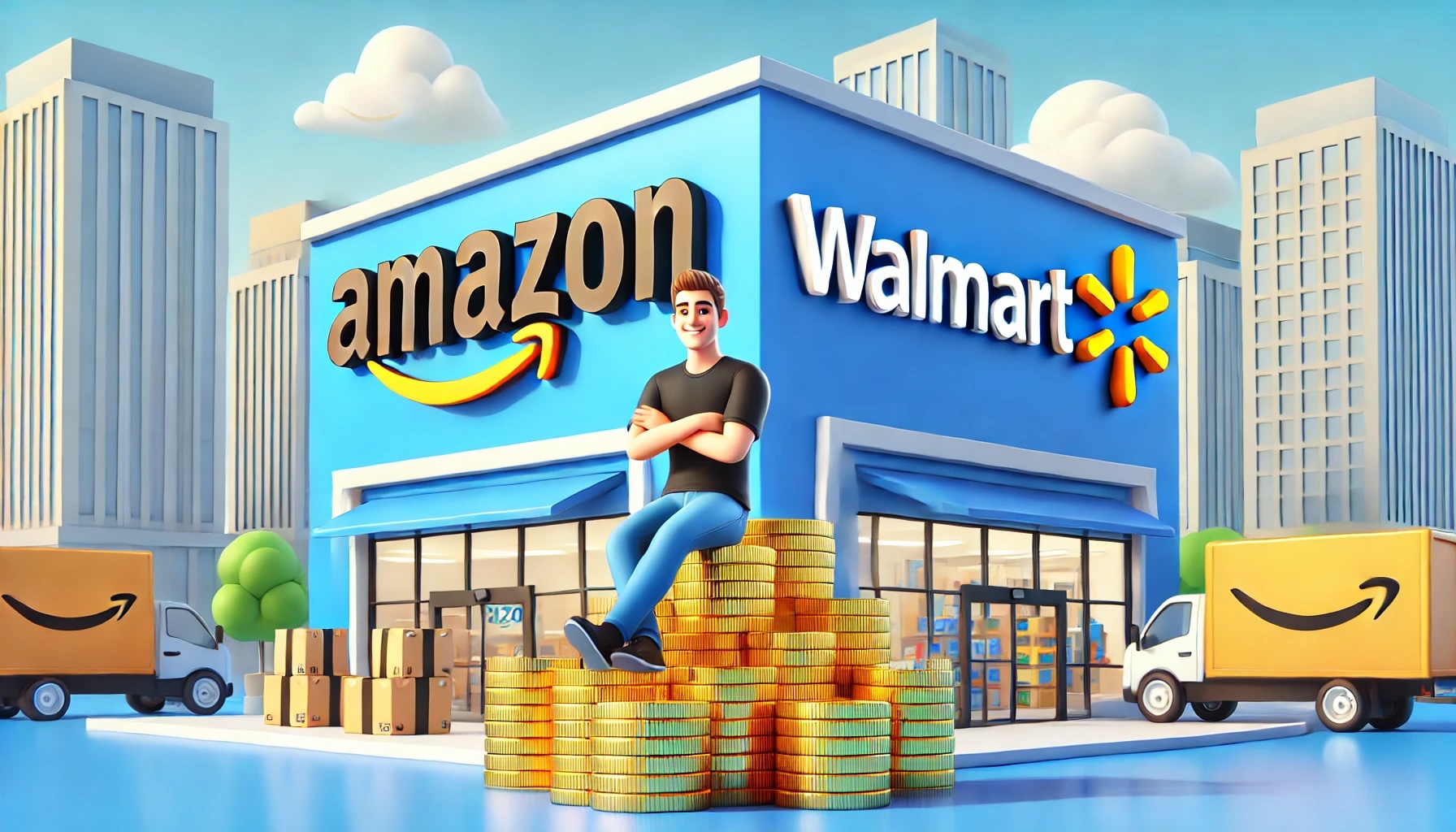 A stylized image of an ecommerce seller sitting on a big pile of gold in front of a large store with Amazon and Walmart logos. It captures the essence of success and prosperity in ecommerce.