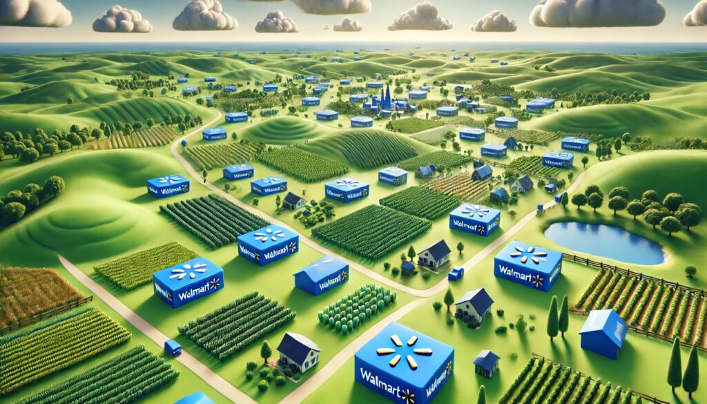 a landscape mode image of a view from he sky of a stylized countryside with Walmart stores represented by blue Walmart logos