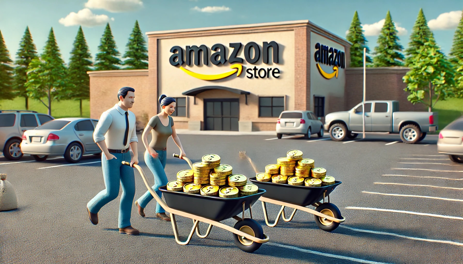 parents pushing wheelbarrows full of money across an Amazon parking lot towards an Amazon store