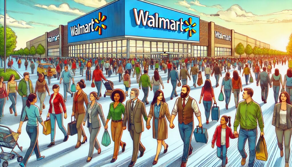 A large diverse group of shoppers in front of a Walmart store