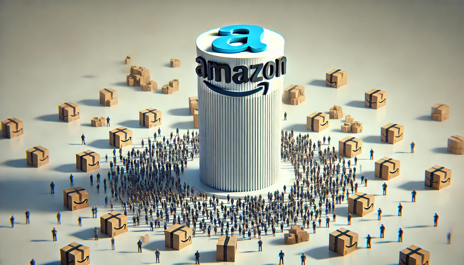 hundreds of amazon sellers gathered around the base of an enormous amazon branded tower