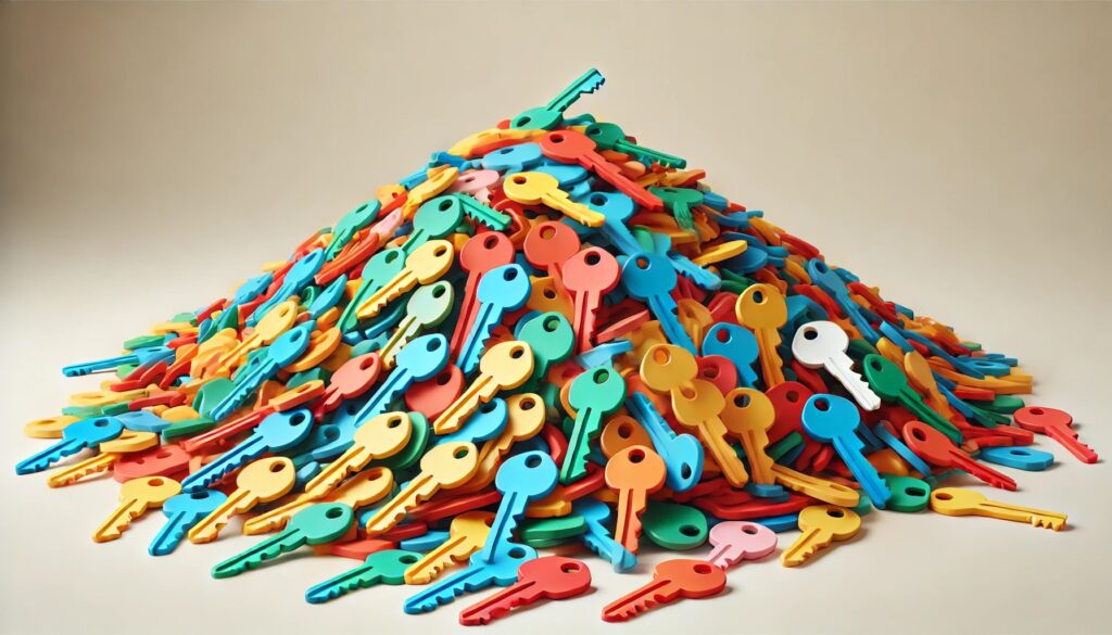a landscape mode image of a large pile of colorful keys