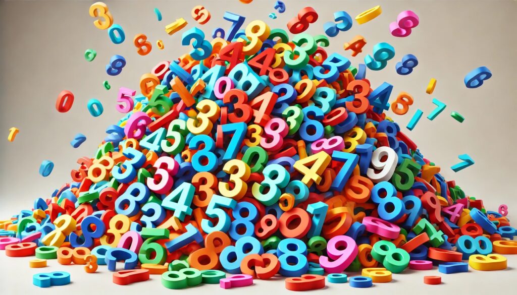 a landscape mode image of a colorful pile of numbers