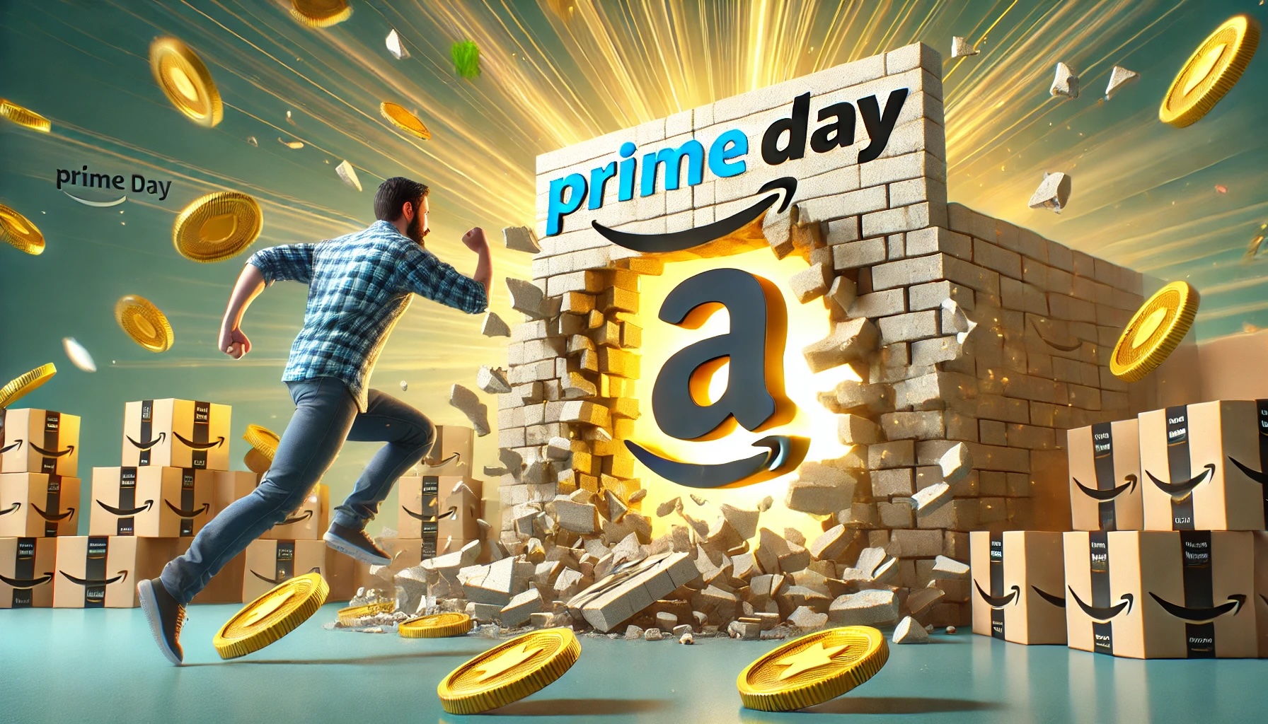 An Amazon seller breaking through a wall with the prime day logo protecting a large pile of gold coins