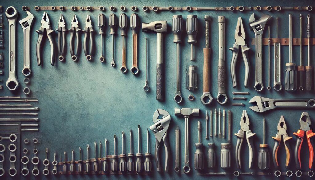 A pegboard in a garage full of hand tools 