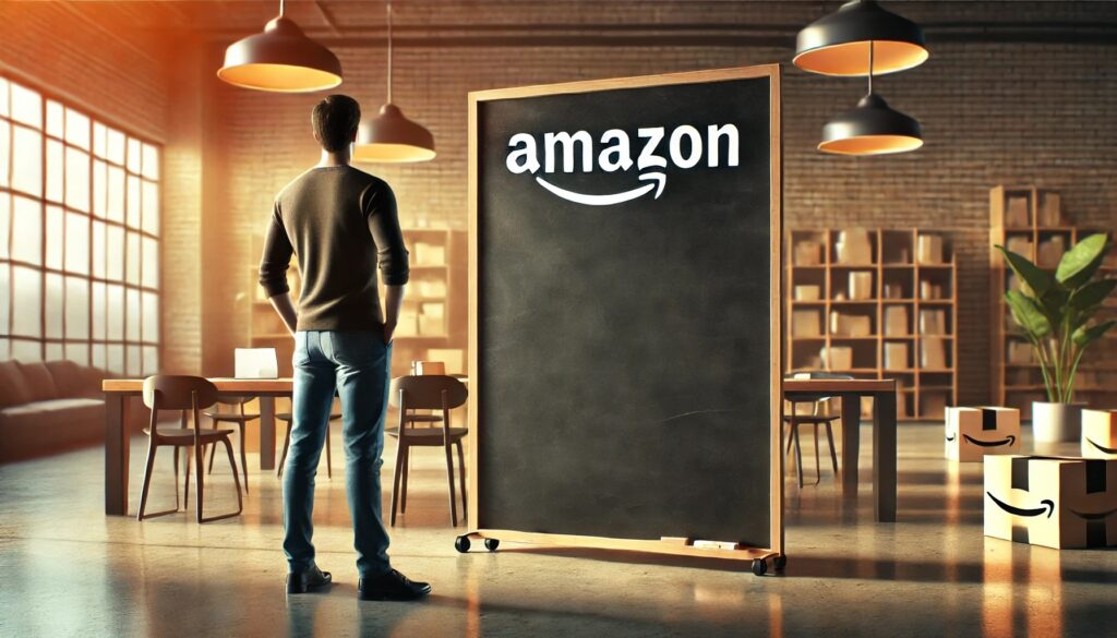 An Amazon seller standing next to a blank blackboard