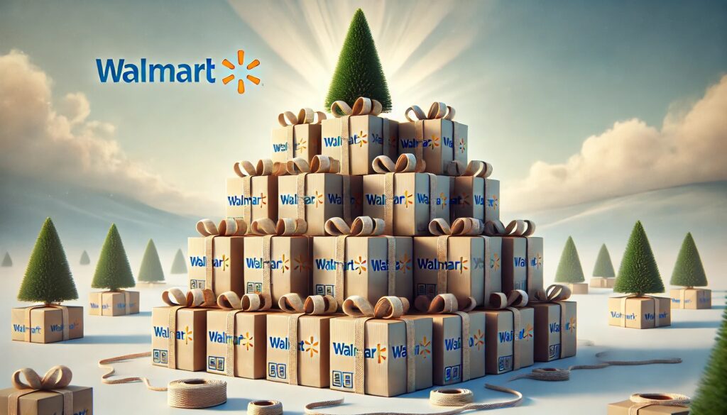  bundles of walmart packages tied with ribbon and string 