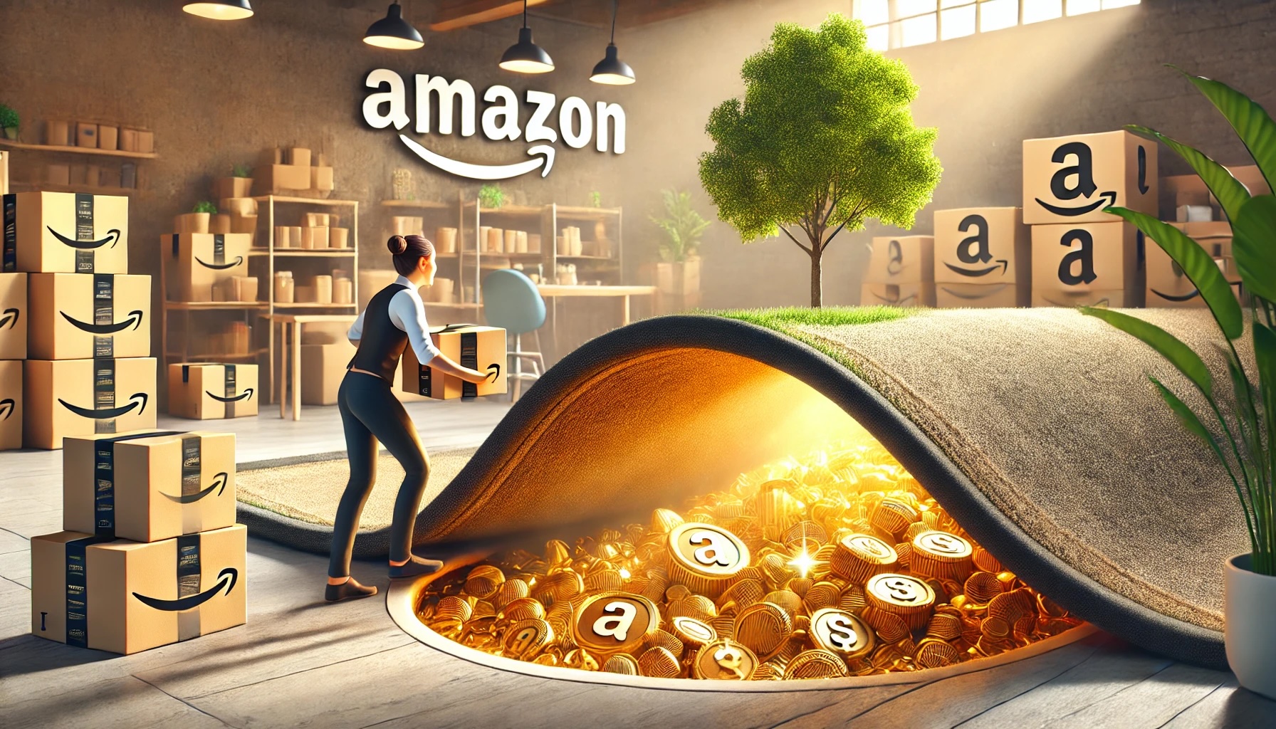 an amazon seller looking under a rug to see a hidden tunnel full of treasure