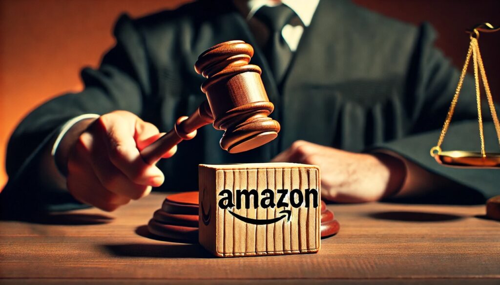 A judge banging his gavel on an Amazon branded block of wood