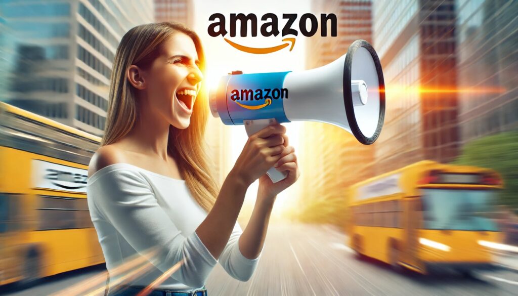 A young woman with long blonde hair shouting through a blue and white, Amazon branded bullhorn