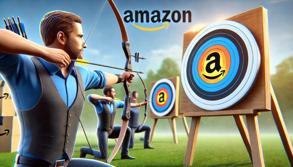 Three men kneeling directly in front of Amazon logo'd targets in the process of shooting arrows at the targets 