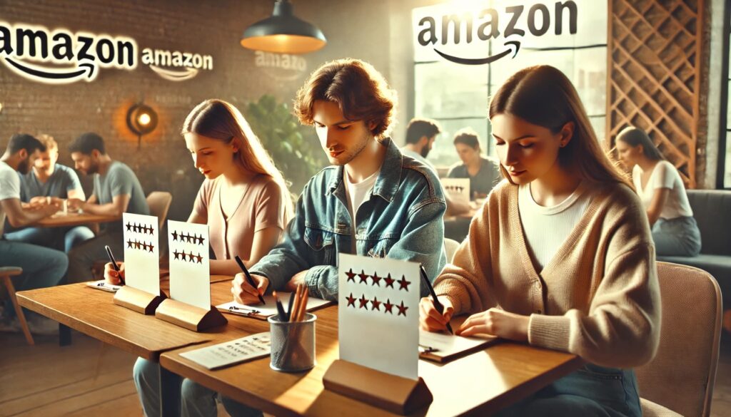 amazon shoppers filling out review cards 