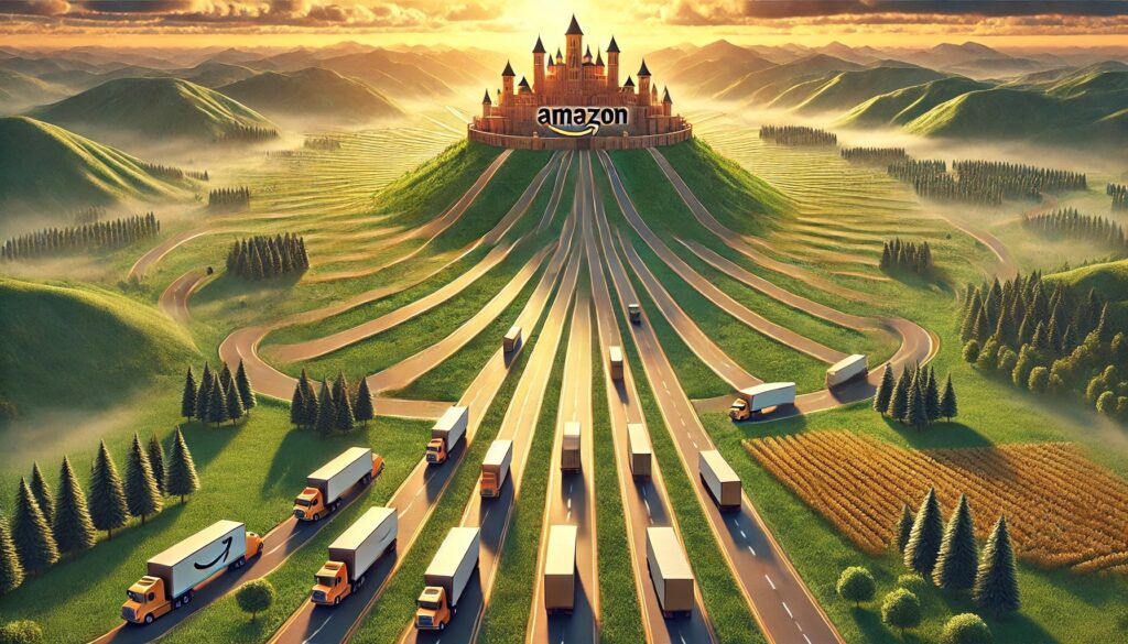 an image with roads radiating outward in straight lines from an Amazon castle