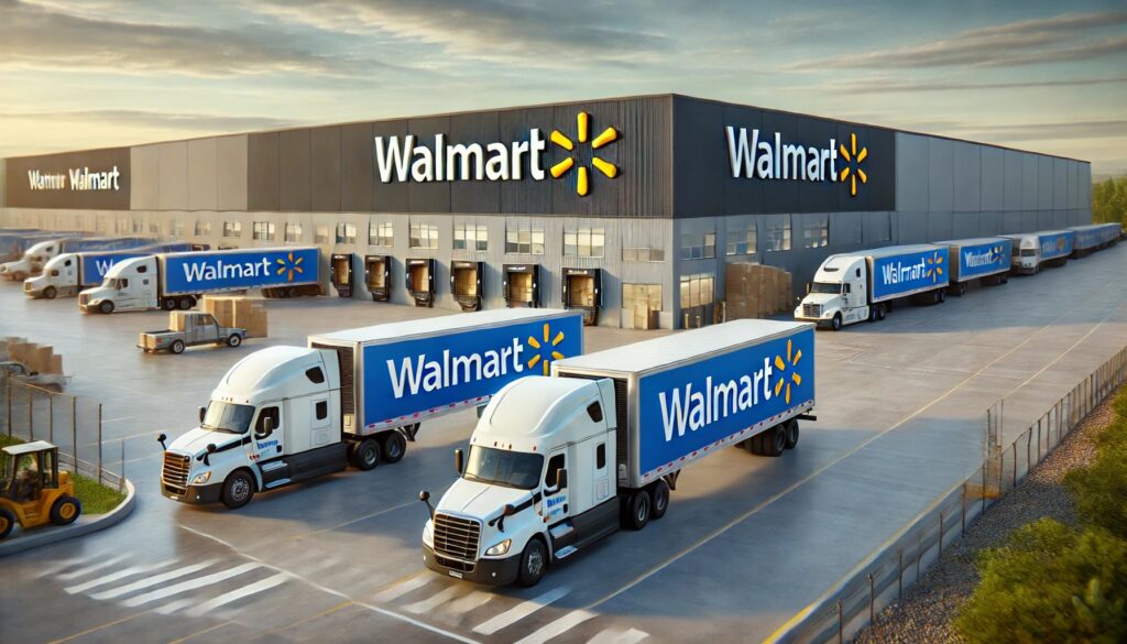 walmart trucks leaving a Walmart warehouse 