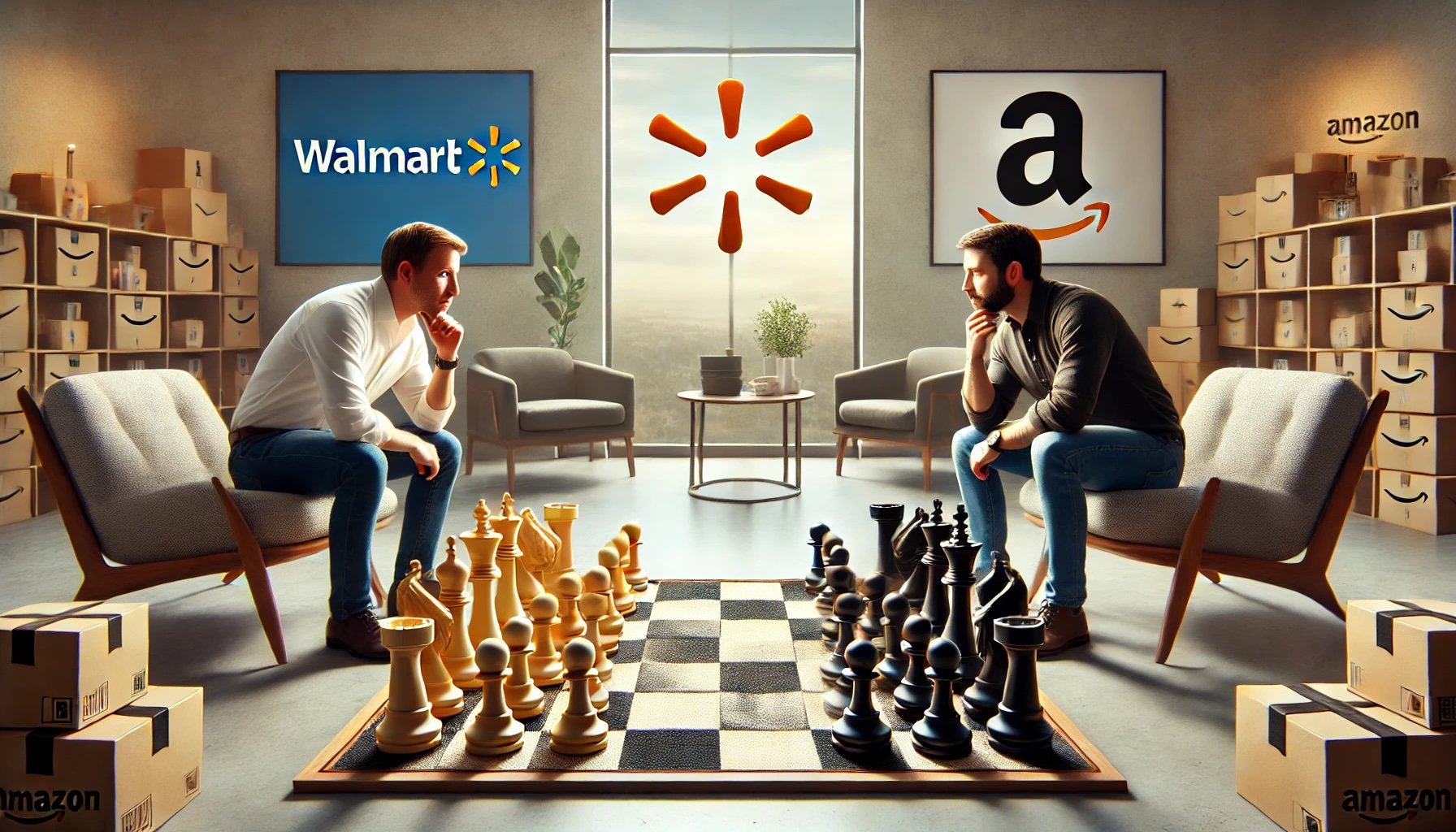 two entrepreneurs playing a strategic game of chess with Walmart and Amazon logo pieces