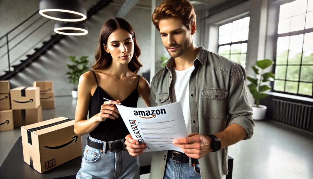 two Amazon sellers looking at a checklist together