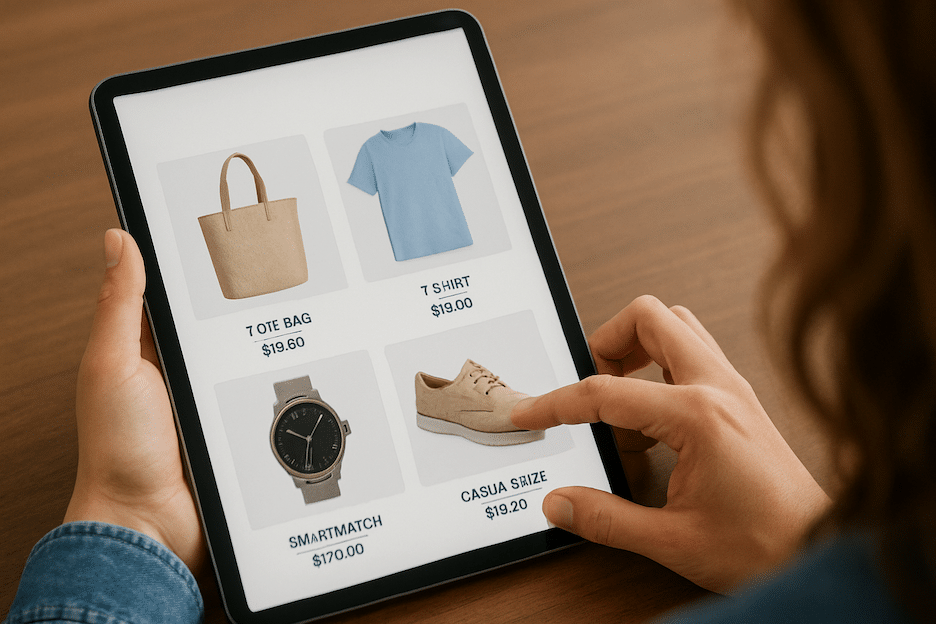 A landscape mode image of a womans hand scrolling on a tablet looking at products