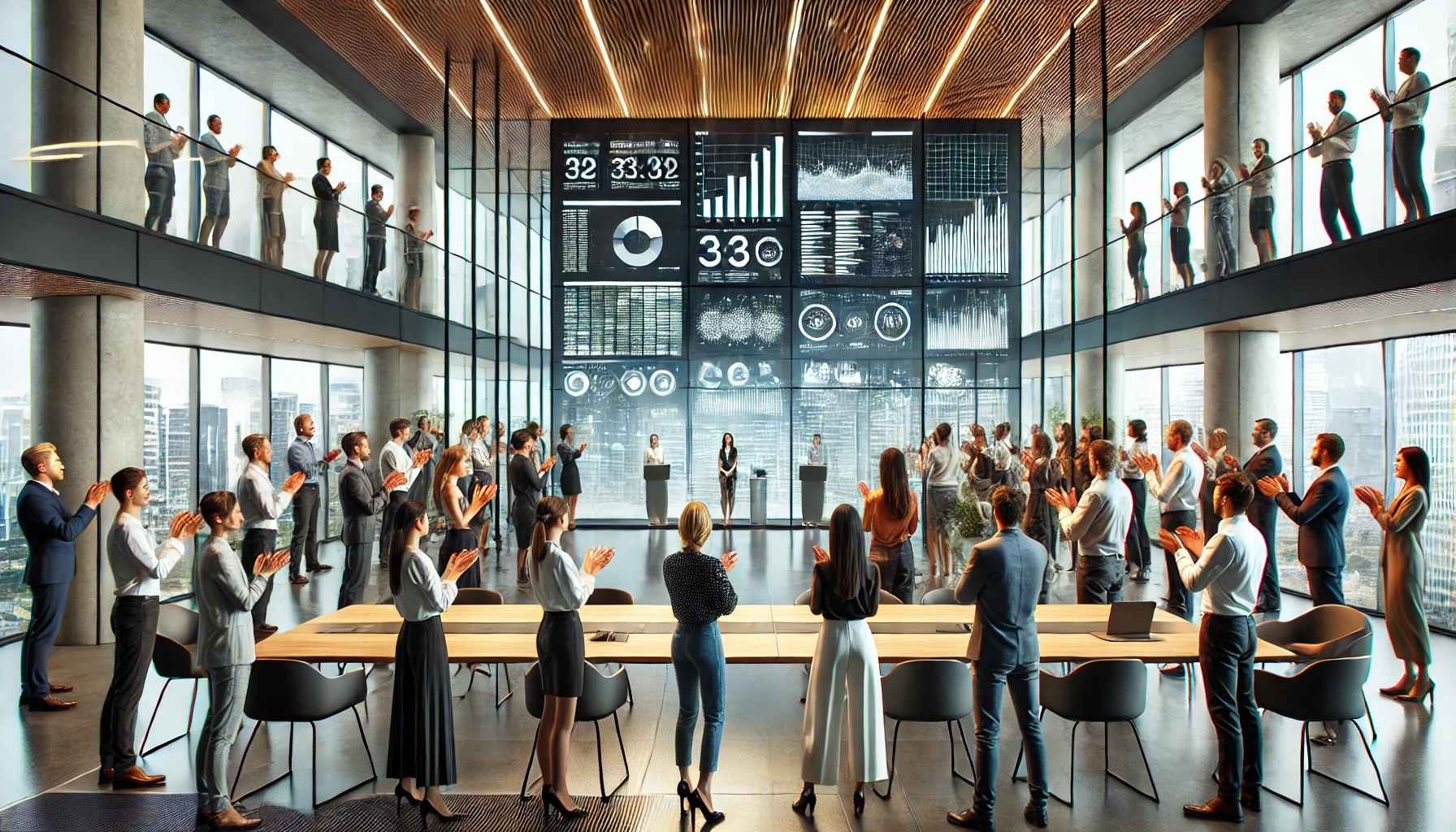 a high-tech office with a group of people standing in a large conference room, clapping