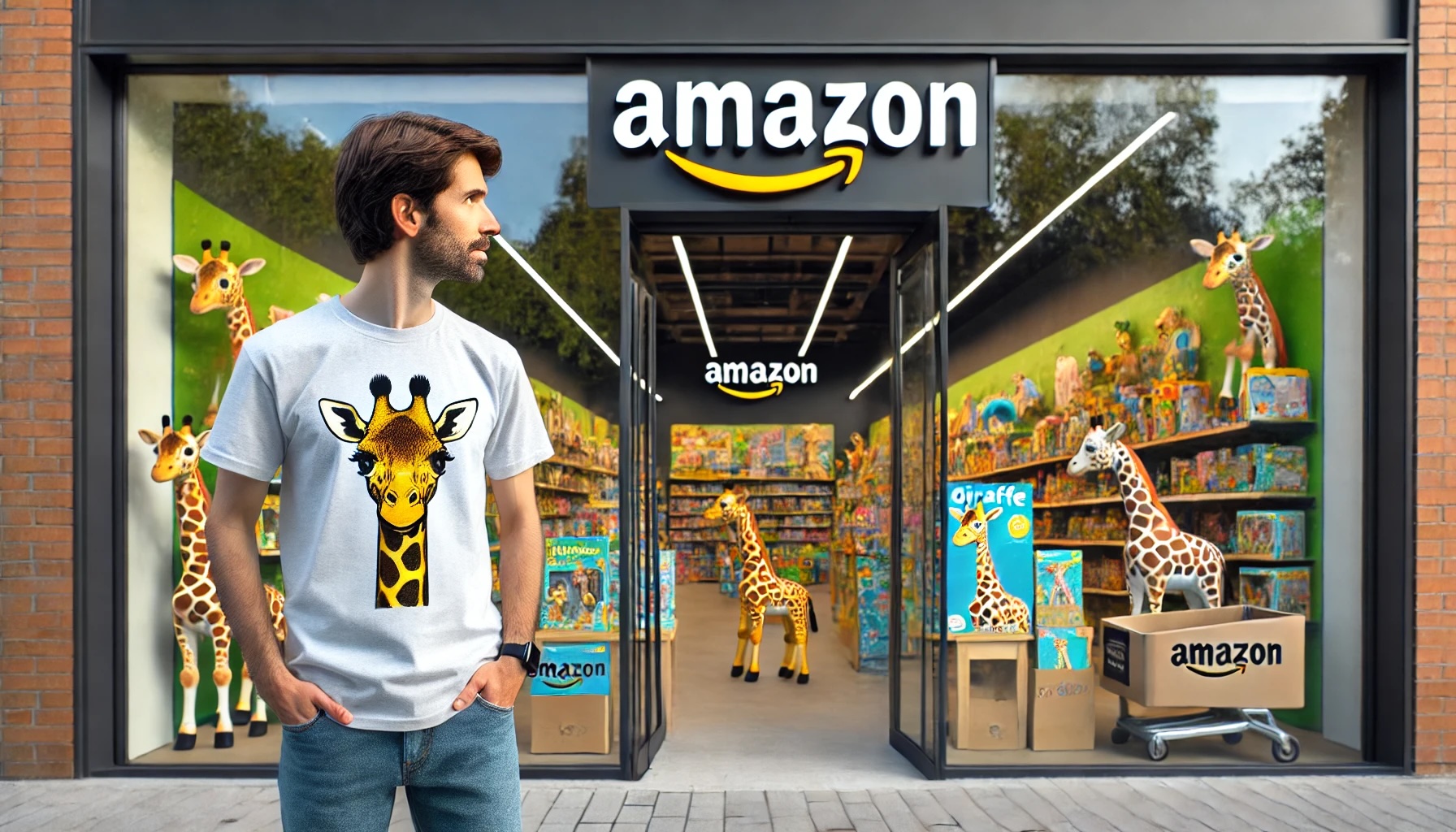 An Amazon seller wearing a giraffe logo shirt, standing outside the Amazon store and looking through the windows into the interior filled with giraffe toys.