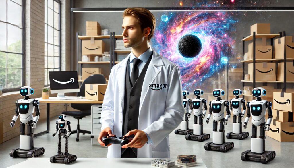 An amazon e-commerce seller wearing a lab coat holding a game controller while overseeing the army of impressive AI robots 