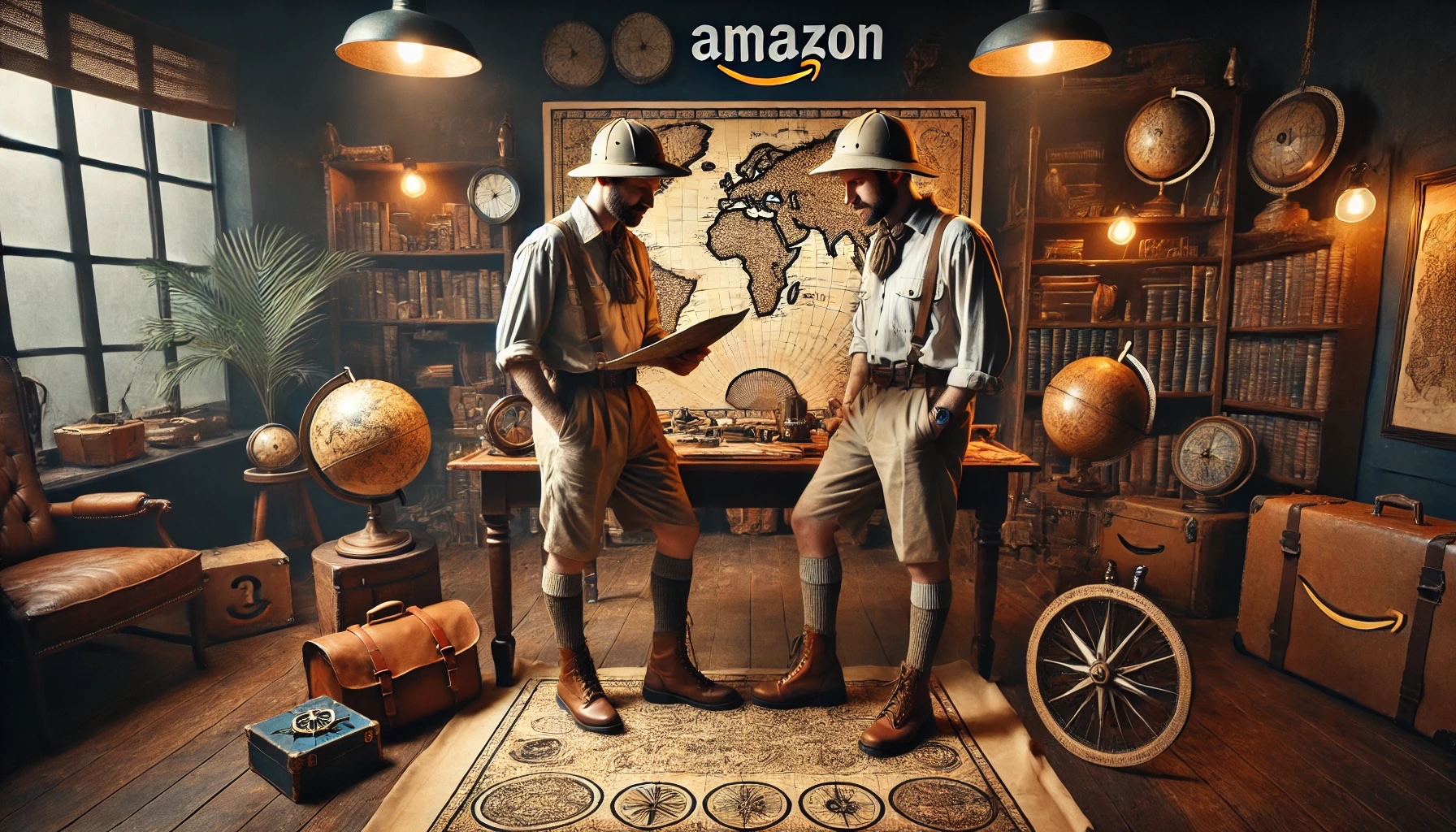 two Amazon sellers dressed as midcentury world-traveling explorers, examining an ancient map full of mysterious symbols