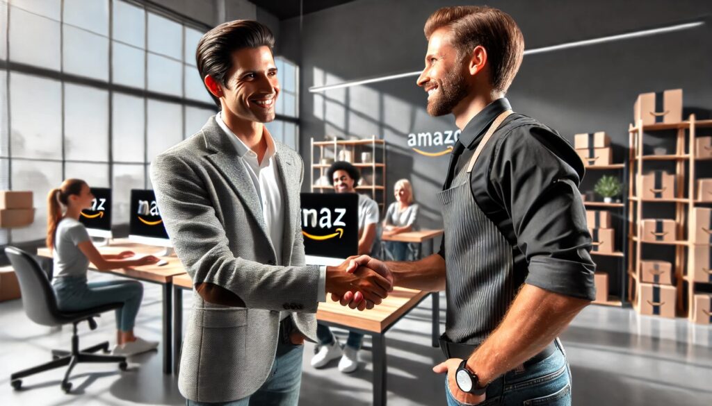  a successful amazon agency owner shaking hands with an ecommerce seller