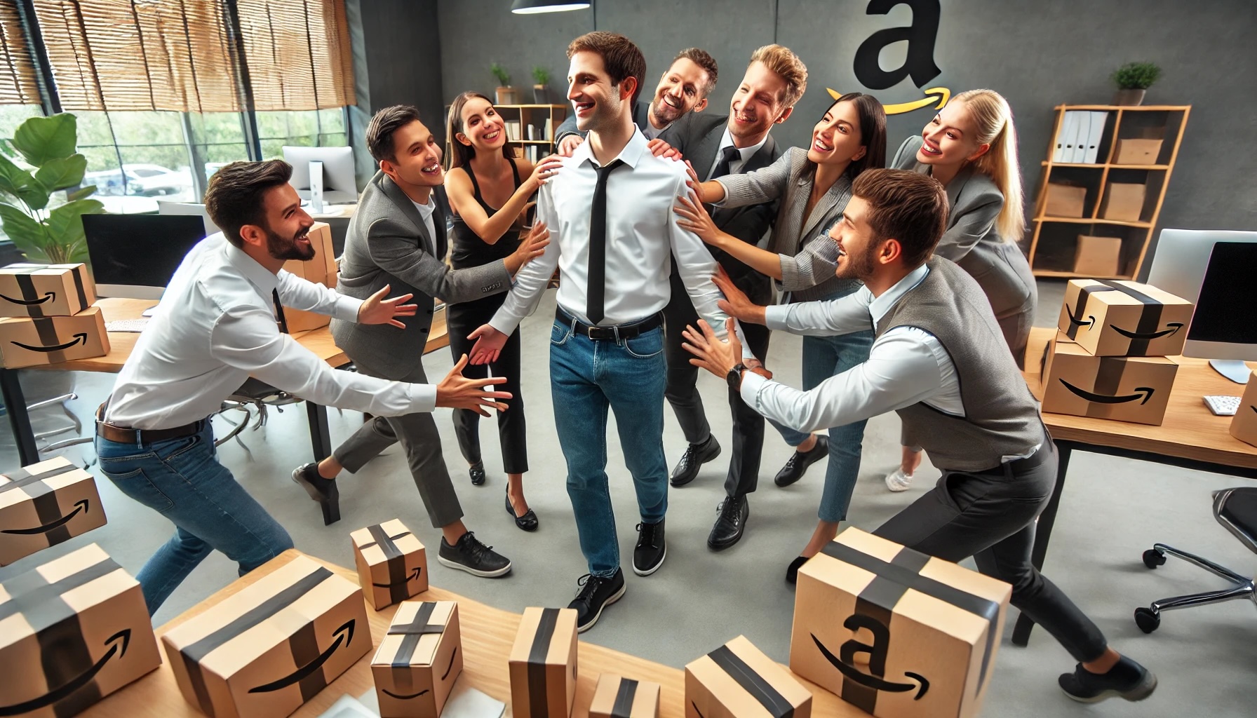 ecommerce professionals acting as Amazon agency owners, circling a man who is playing the role of an Amazon seller, all trying to shake his hand