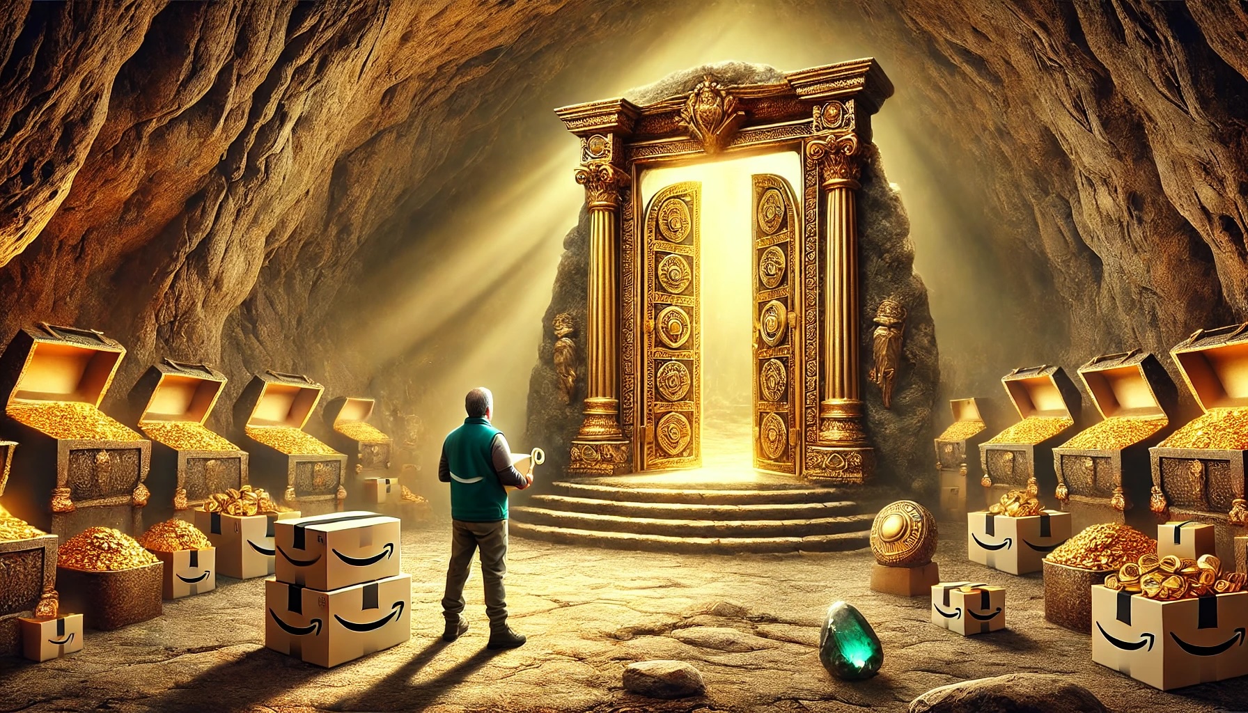 landscape mode image of an Amazon seller opening a golden door in a large cave, revealing a chamber filled with treasures inside.